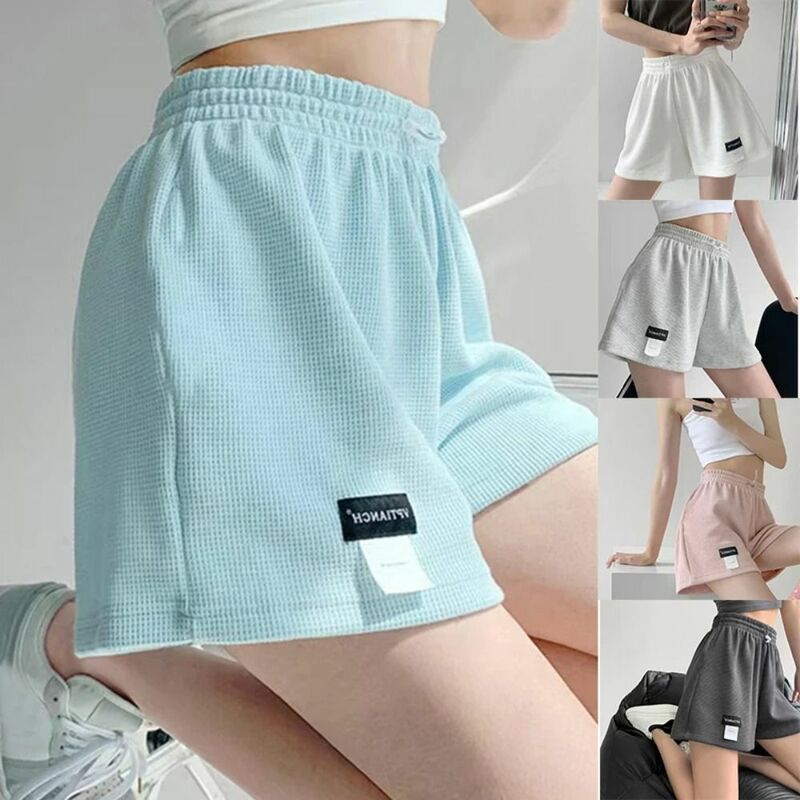 Summer Women Waffle Shorts New Elastic Loose Bottoms Waist Hot Pants Straight Homewear Casual High Waisted Sports Shorts