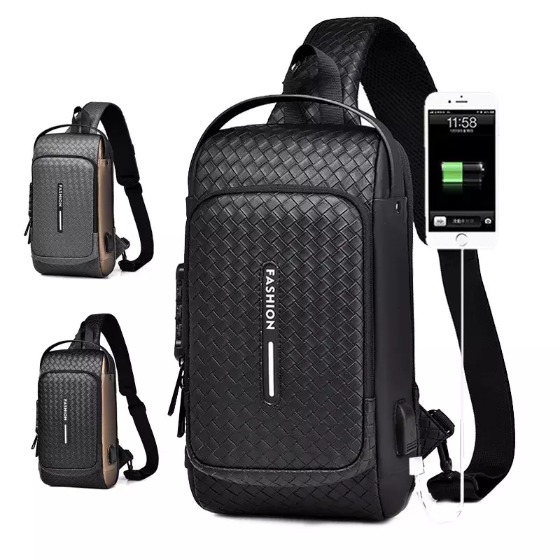 Mochila de moda para hombre, bolso cruzado portátil con carga de hombro, USB, antirrobo, cinta para el pecho, deportes al aire libre, puerto de PU