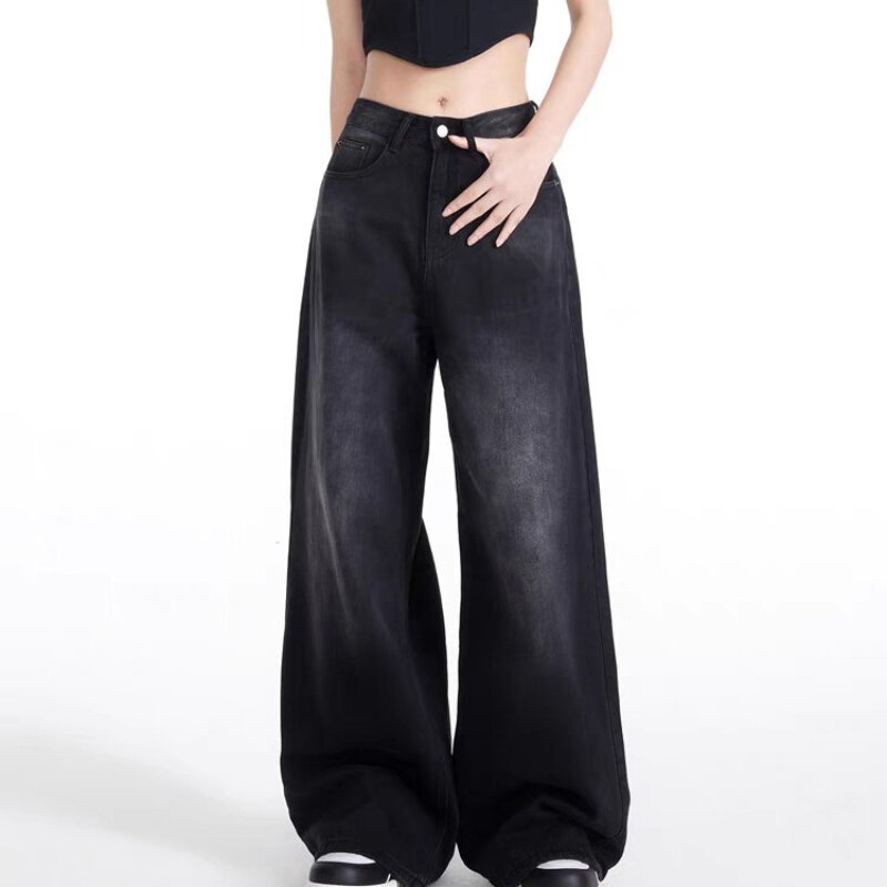 Женские винтажные джинсы с широкими штанинами, черные и серые свободные брюки с высокой талией в американском стиле, осень 2024