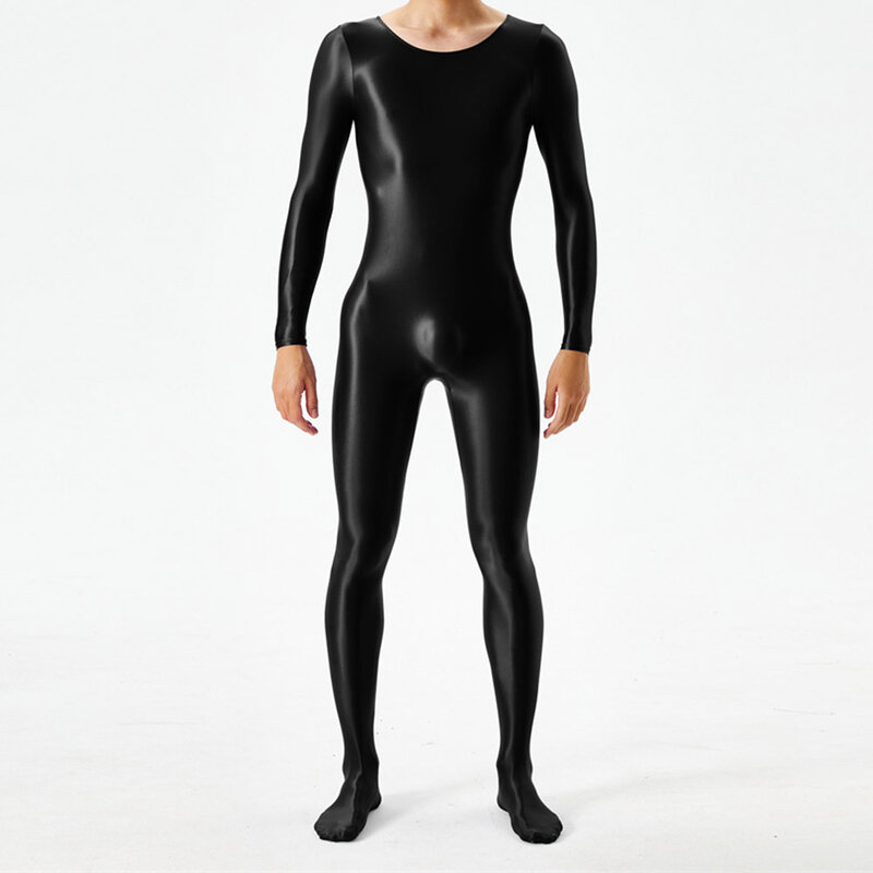 Bodysuit untuk pria Bodystocking lengan panjang Glossy Jumpsuit poliester putih/abu-abu/hitam/Pink/ungu/hijau/biru/Kopi/Burgundy
