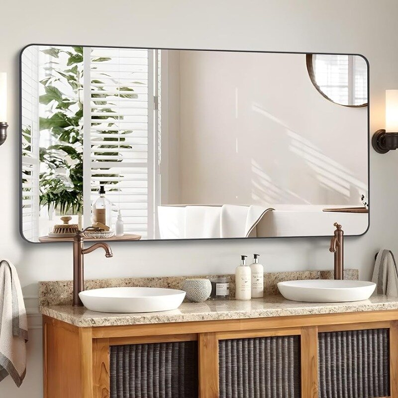 金属フレーム付き装飾的な長方形の洗面化粧鏡、バスルームウォールミラー、マットブラック、36 "x 48"