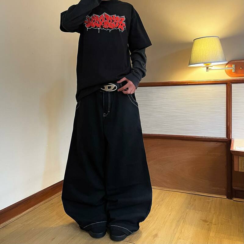 Jeans largos com estampa gráfica para homens e mulheres, calças largas de cintura alta, streetwear de hip hop, calças pretas góticas Harajuku, Y2K