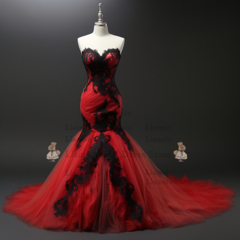 Vestido de noche largo de sirena con borde de encaje rojo y negro, sin tirantes, apliques, ocasión Formal, elegante, W3-2