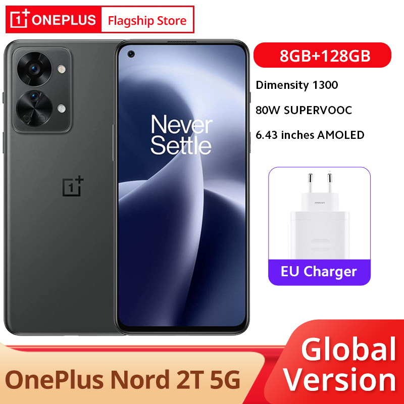Smartphone OnePlus-Nord 2T 5G, Versão Global, 12GB, 256GB, Dimensão 1300, AMOLED 6.43 ", 4500mAh, 80W, NFC SUPERVOOC