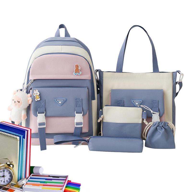 Estética Multifuncional Canvas School Backpack Combo Set, Schoolbag com Shoulder Bag, Lápis Bag, Waist Bag, Fit para Teen, 5 Pcs