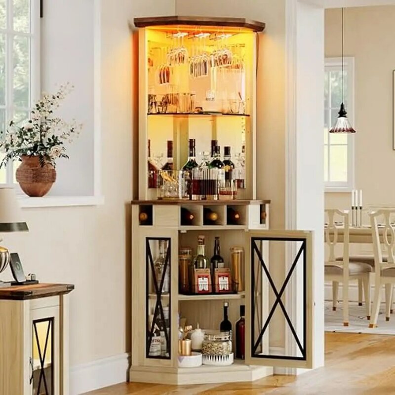 Rustykalny Bar narożny szafka LED światła regulowane półki do przechowywania wina szklane drzwi do domu