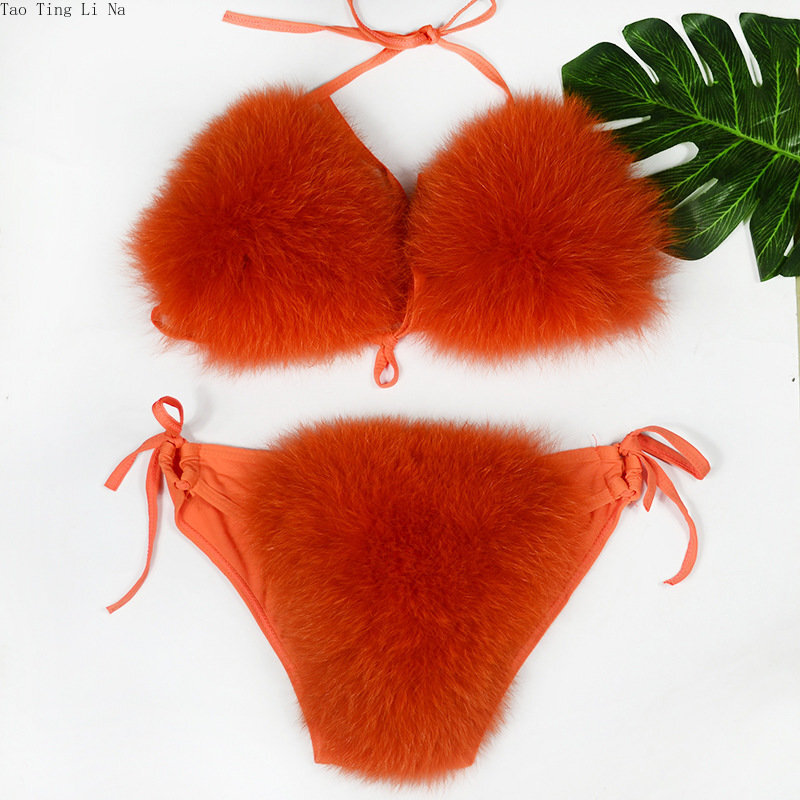 2023 Women New Genuine Fox Rur Swimsuit Real Fox Beach Fur Bikini