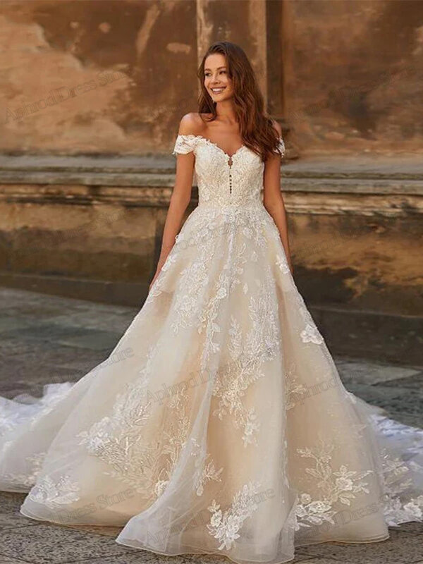 Gaun pernikahan klasik gaun pesta Princess gaun renda applique bahu jubah panjang lantai A-Line gaun pengantin wanita 2024
