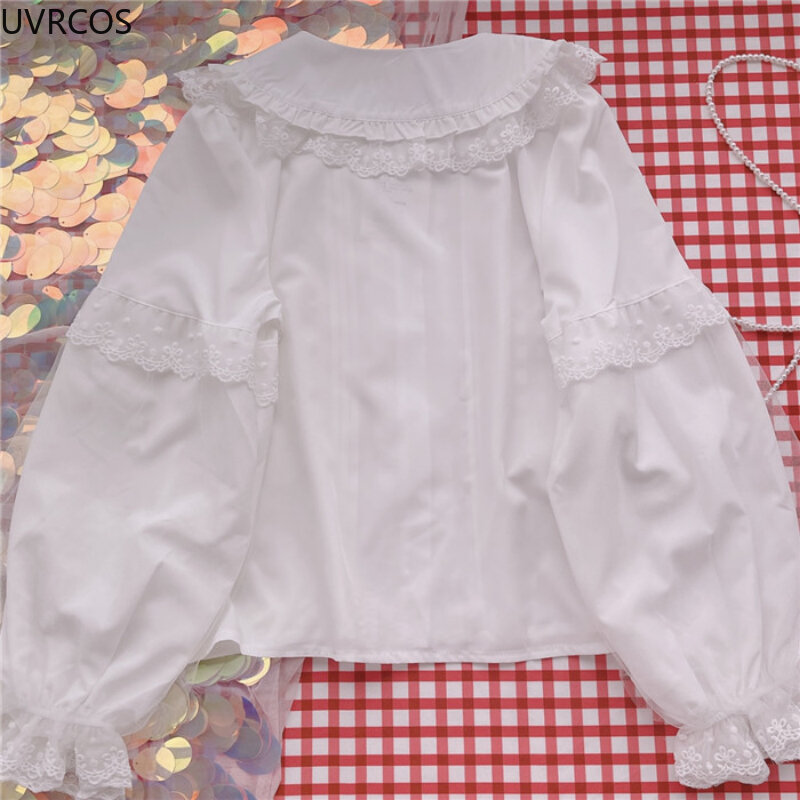 Lolita-camisa blanca elegante para Mujer, Blusas de estilo Preppy, cuello Peter Pan, encaje con volantes JK, Blusas de manga larga para Mujer