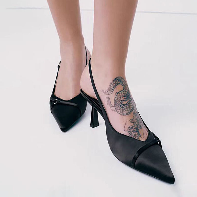 TRAF 포인티드 토 미드 힐 슬링백 2024, 작은 금속 링 스트랩 버클 펌프, 여성용 블랙 샌들, 새로운 패션 신발