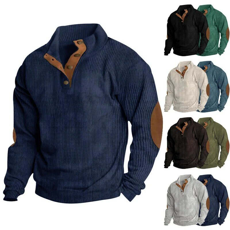 Sudadera de retazos en contraste para hombre, sudaderas con capucha informales sueltas de manga larga, Tops de cuello alto con botones, otoño