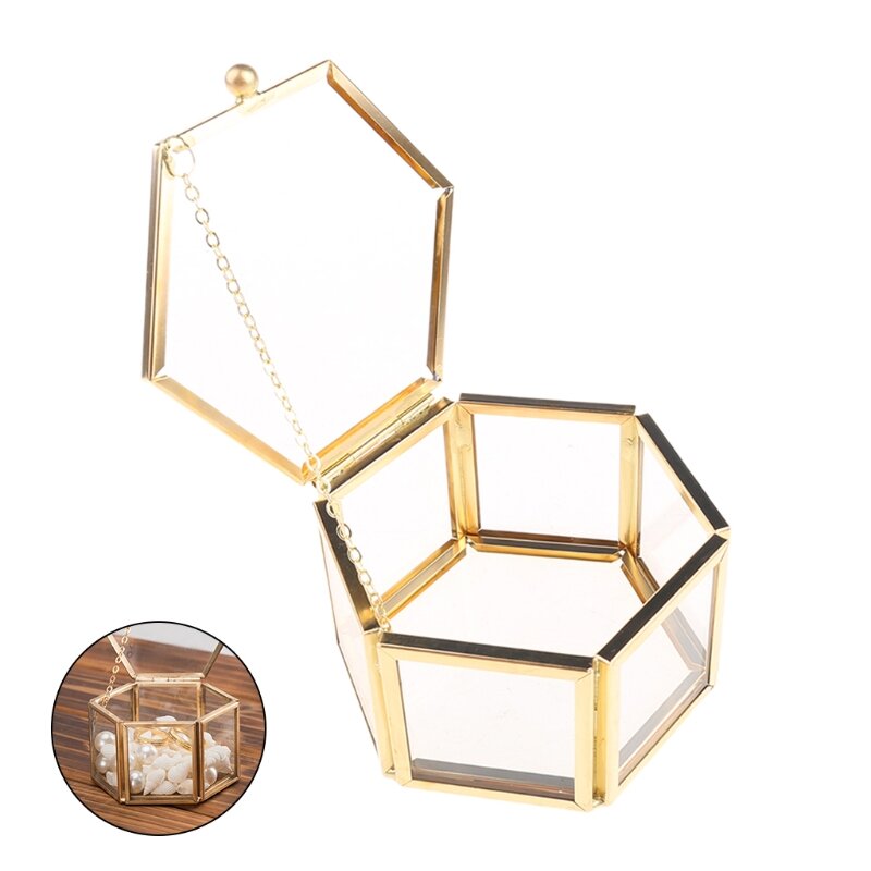 صندوق مجوهرات من الزجاج الشفاف، صندوق هدايا رائع ذو شكل سداسي عتيق مع غطاء، شحن سريع