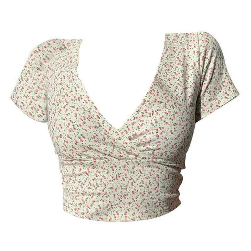 Damska słodka koszulka Retro Slim Fit z dekoltem w szpic z krótkim rękawem damska letni Top z małym kwiatowym nadrukiem miękka oddychająca dla pani