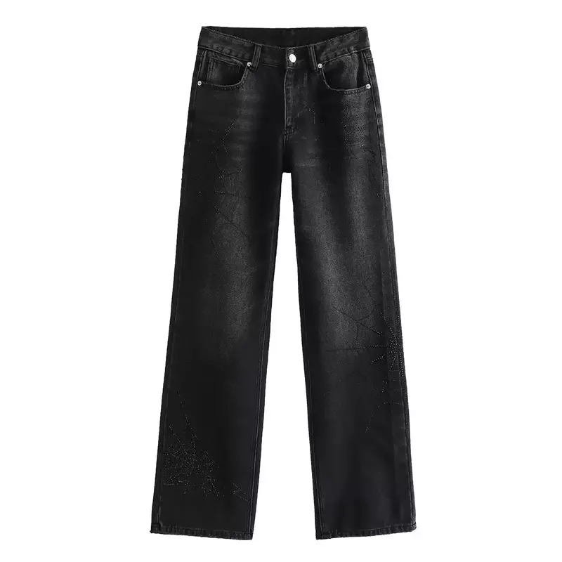 Женские джинсы с широкими штанинами, повседневные винтажные брюки со средней талией и боковыми карманами, украшенные яркими бусинами, 2023