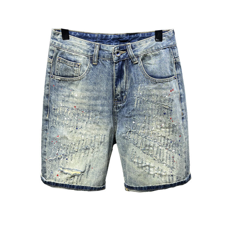 2024summer scratch denim shorts men's trendy high-end casual all-matching fashion retro shorts