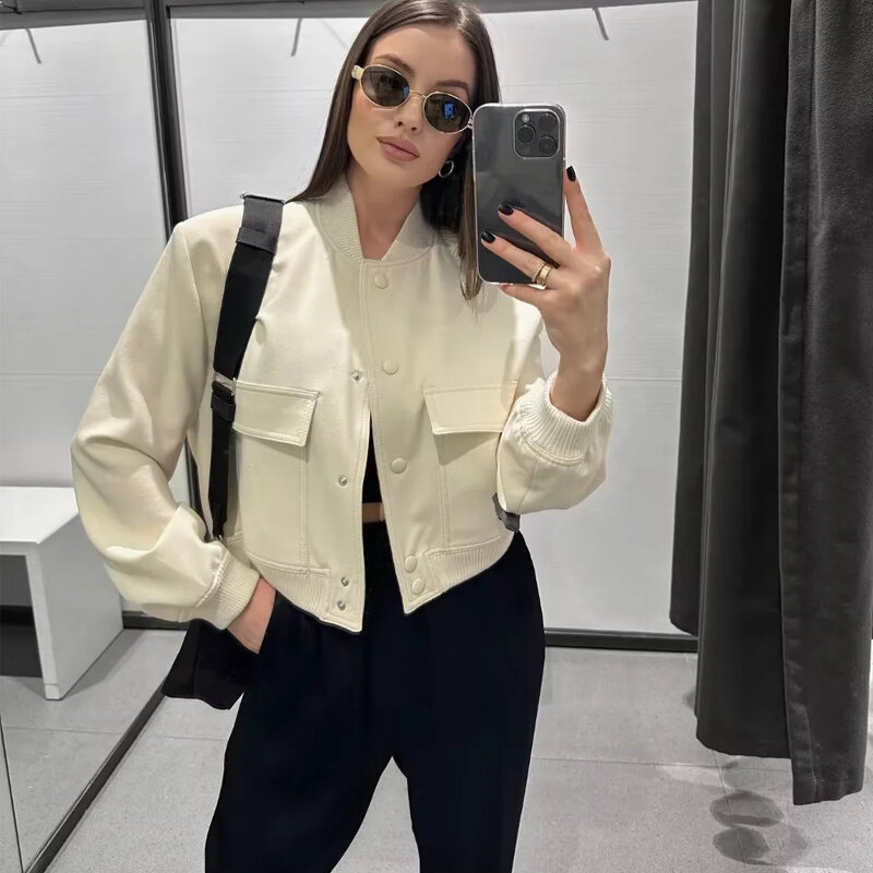 TRAF Woman Bomber Jacket Coat White Autumn Winter Button Baseball Aviator Cropped Jackets for Women Long Sleeve Crop Outerwear