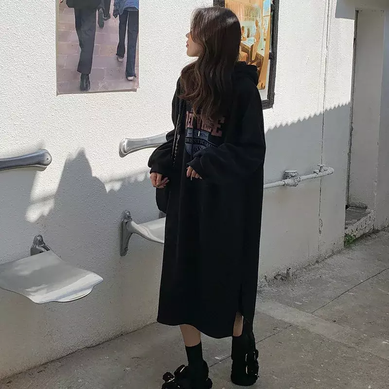 Sudadera larga con capucha de moda coreana para mujer, vestido de medio cuerpo, ropa de calle Harajuku, sudadera suelta hasta la rodilla, primavera y otoño, nuevo