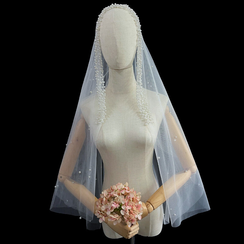 طبقة واحدة طول الكوع شبكة الحجاب اللؤلؤ تزين الجزء العلوي من الحجاب طول اليدوية يمكن تخصيص اكسسوارات الزفاف TT525