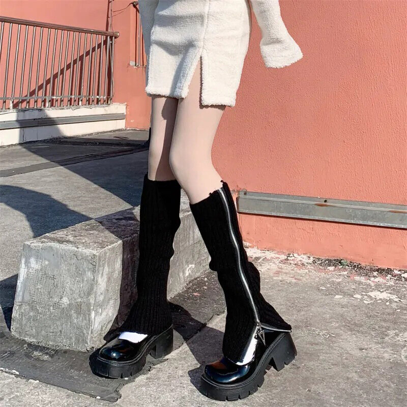 Женские утепленные носки на молнии, длинные вязаные теплые носки до колена в стиле панк
