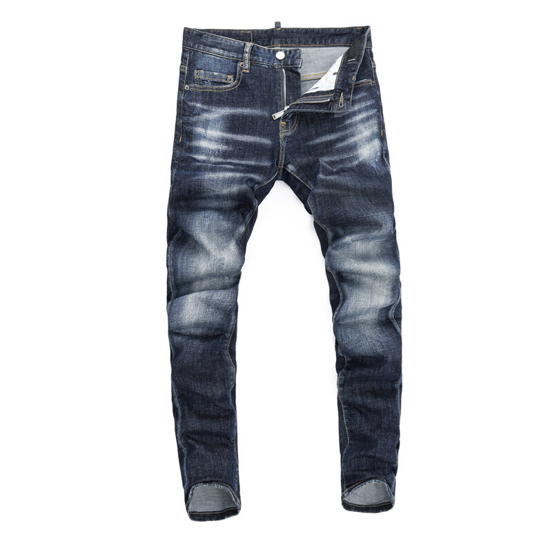 กางเกงยีนส์สลิมฟิตสำหรับผู้ชายกางเกงยีนส์ผ้ายืดสีฟ้าย้อนยุคกางเกงยีนส์แต่งลายขาดๆแบรนด์กางเกงยีนส์