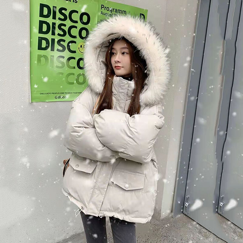 Lucyever-Parkas curtas com capuz para mulheres, jaqueta acolchoada grossa e quente, casaco de pele coreano feminino, neve, inverno, novo, 2023