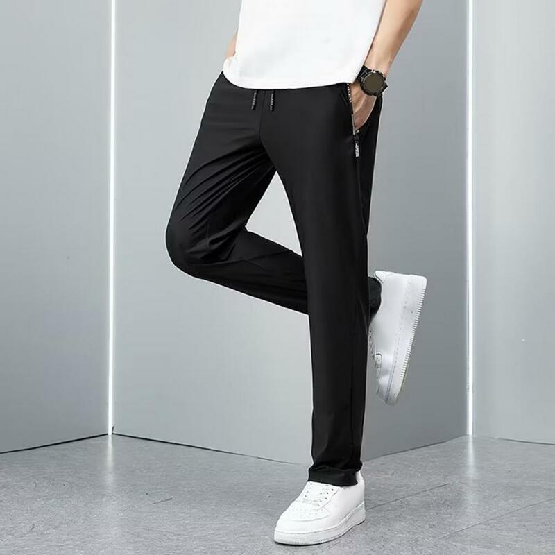 Breathable Men Trousers Men's Loose Straight Drawstring Ninth Pants with Elastic Waist Pockets Breathable Ankle Length for Daily