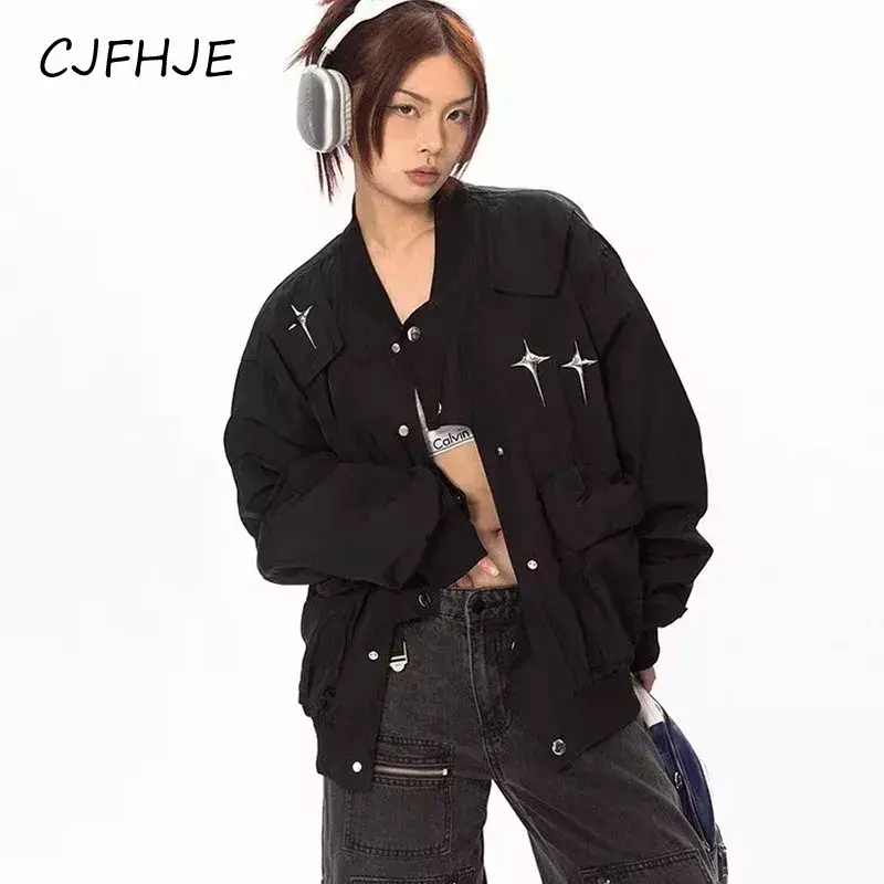 CJFHJE American Retro Oversized Jackets Women Y2k Streetwear Irregular Outwear Harajuku Vintage Pocket Casual Baseball Uniform