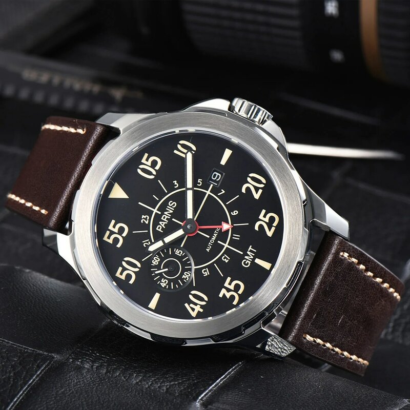 Jam tangan mekanis kasual Parnis casing Perak 44mm jam tangan tahan air otomatis GMT merah terbaru Montre Homme 2023 dengan hadiah kotak