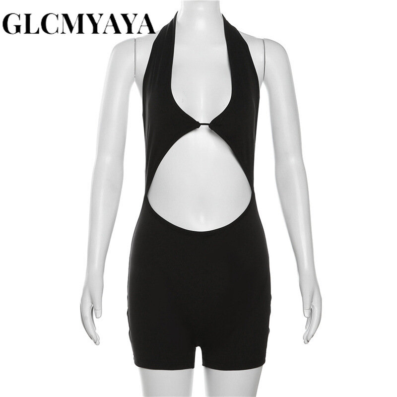 GLCMYAYA Women Streetwear Neck-mounted Hollow Out Slim salopette corta 2023 Casual Fashion Sporty Hotsweet Solid pagliaccetti senza maniche