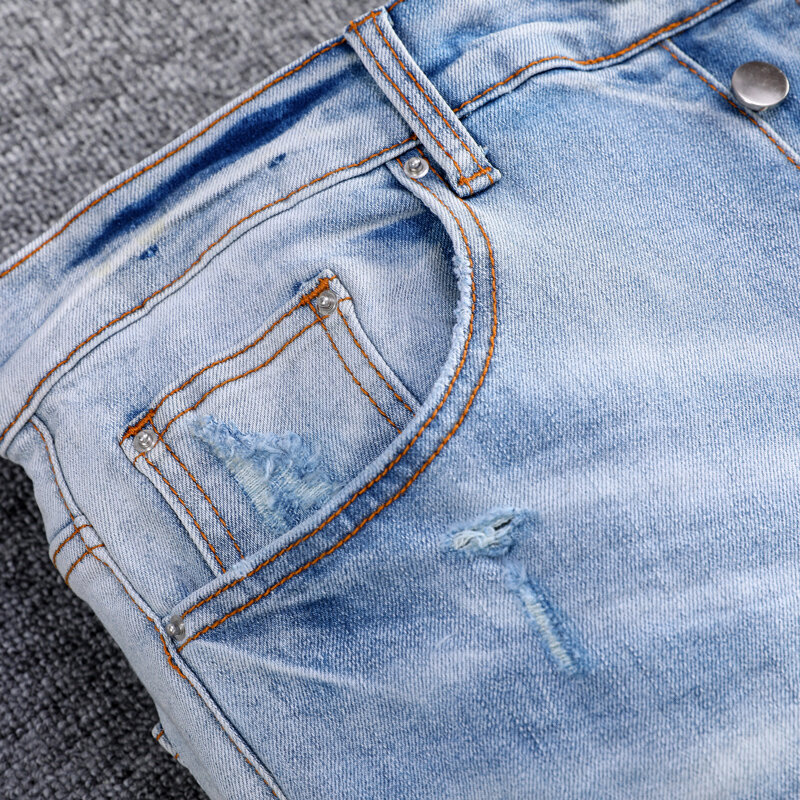 Мужские джинсы в стиле ретро, синие эластичные рваные джинсы скинни в уличном стиле, Брендовые брюки с заплатками в стиле хип-хоп