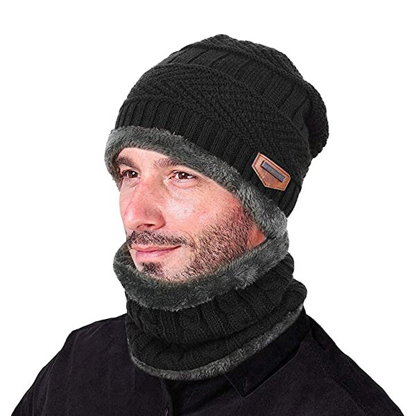 Topi kupluk rajut hangat uniseks, Set sarung tangan syal leher musim dingin pria dan wanita