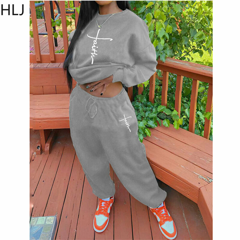 HLJ Fall Winter Jogger Pants Two Piece Sets Women Round Neck Long Sleeve Pullover And Pants Tracksuits Casual Print 2pcs Outfits