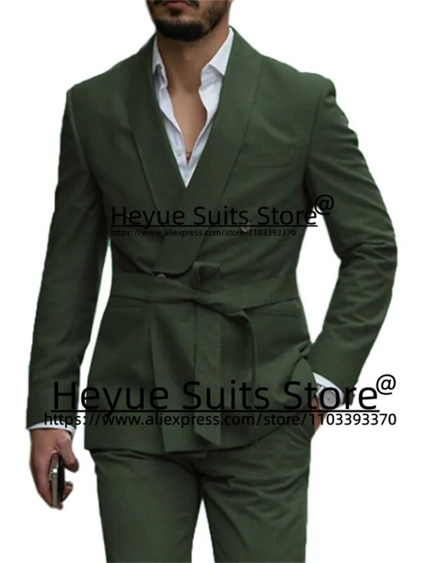 Army Green Casual Men Suits Fashion Slim Fit Groom Formal Prom Party Tuxedos 2 Pcs Jacket+Pants+Belt traje de hombre elegante