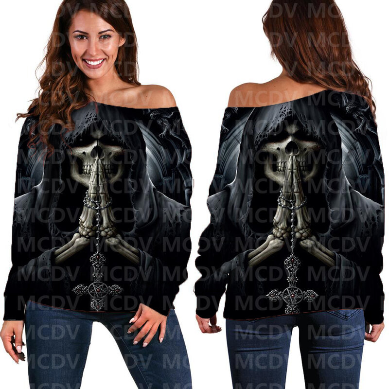 Suéter con hombros descubiertos para mujer, Jersey informal de manga larga con estampado 3D de calavera de Halloween, 02