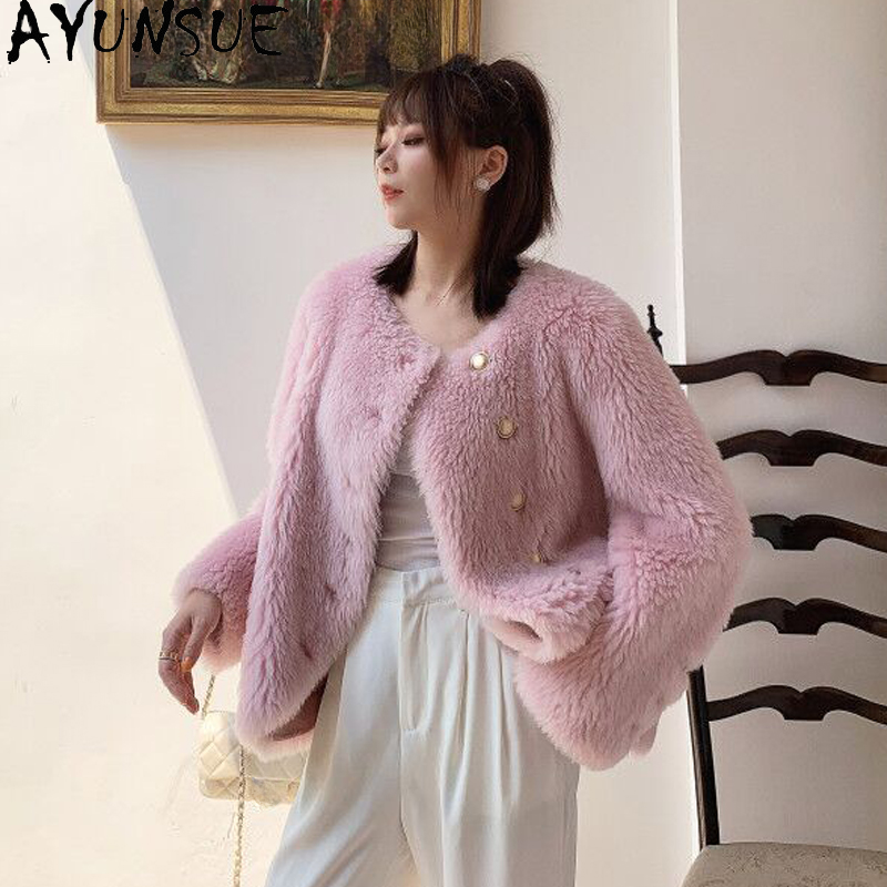 AYUNSUE-Veste de tonte de mouton pour femme, manteau de fourrure, col rond, 100% laine, automne, hiver, 2023