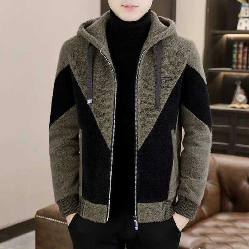 Men Hooded Jacket Men's Hooded Drawstring Jacket Warm Winter Coat with Color Matching Thick Soft Plus Size Long Sleeve for Men