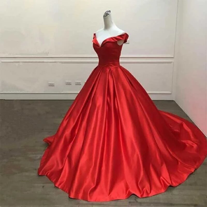 Einfache Vintage Elegante 2022 Ballkleid Hochzeit Kleider Off Schulter Weddding Kleider Cap Sleeve Red Prom Satin Reflektierende Kleid