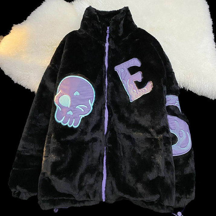 Warm Soft ซิปขนสัตว์ Skull Hoodie ผู้หญิง Oversize เสื้อกันหนาวลำลอง Outwear 2021 Faux Fur Coat แจ็คเก็ตฤดูหนาว Plush