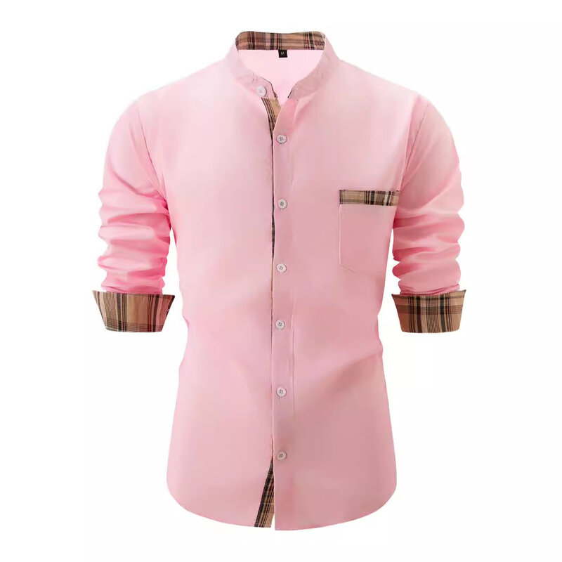 New British stand up collar cardigan for men in spring and autumn season, color checkered casual loose sleeved shirt