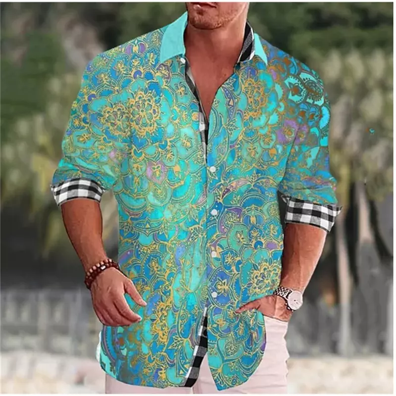 Camisa masculina de lapela de manga comprida, blusa casual elegante, flor colorida, macia e confortável, sedosa e suave