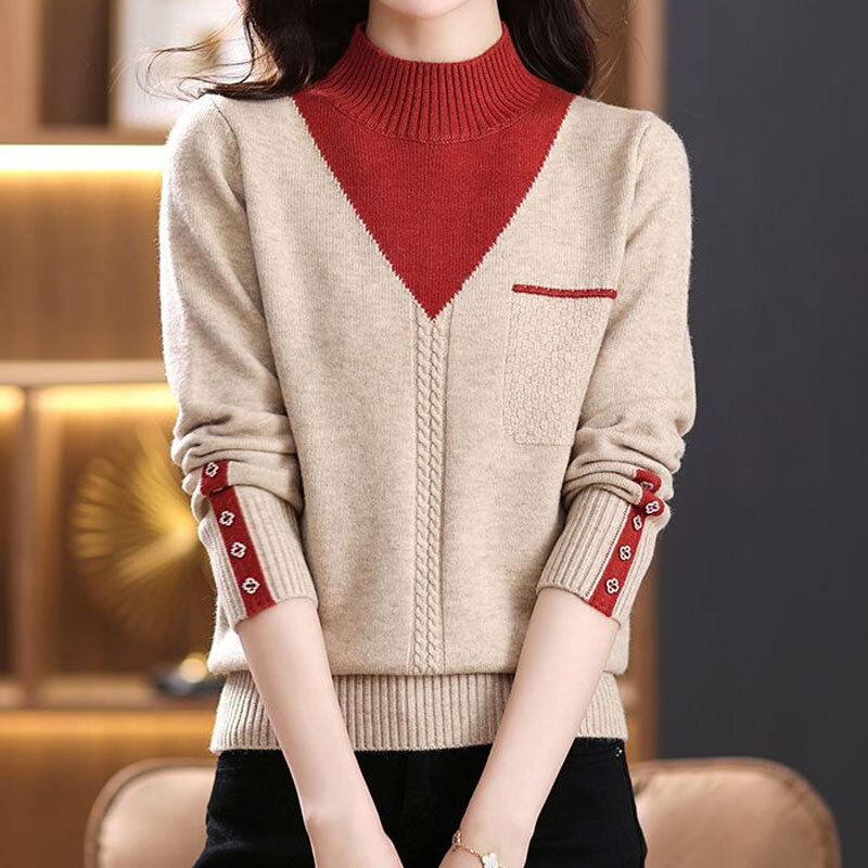 Suéteres de dos colores con cuello de media altura para mujer, jersey con botones y puños, líneas brillantes, dos falsos piezas