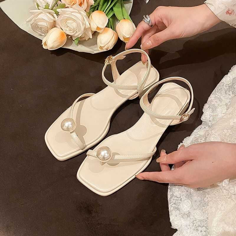 2024 New Ladies Sandals and Slippers Women's Angled Square Toe Low-heeled Sandals Female Comfortable Open-toed Pearl Shoes Women
