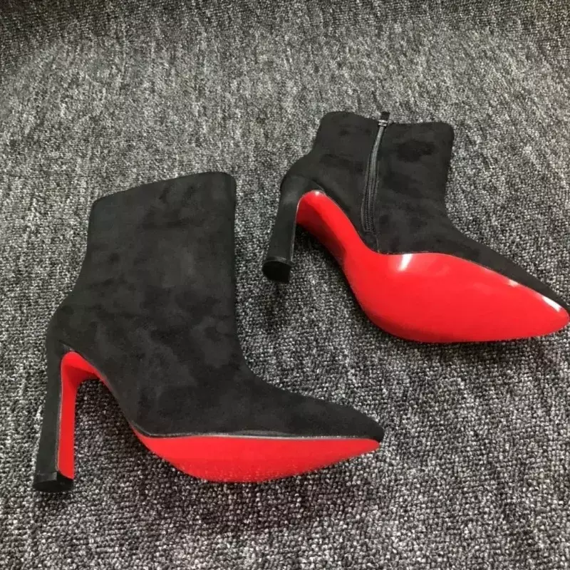 Luxury High Quality Fashion Sexy Crystal Red Sole Shoes Ankle Boots for Woman Pointed Toe Shoes Party Modern Autumn Booties 10cm