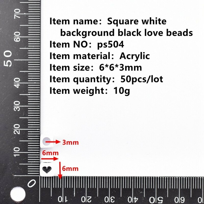 DIY-ジュエリー作りのためのアクリルレタービーズ,正方形の白い背景,黒の愛,6x6x3mm,ロットあたり50個