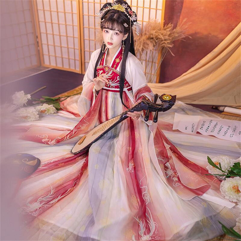 Gaun bordir bunga peri tradisional pakaian busana wanita gaya Tiongkok kostum tari Dinasti Tang Hanfu tradisional