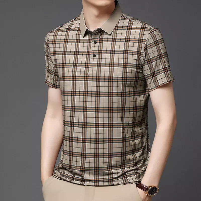 Мужская Летняя тонкая стильная модная полосатая клетчатая рубашка-поло с воротником и короткими рукавами