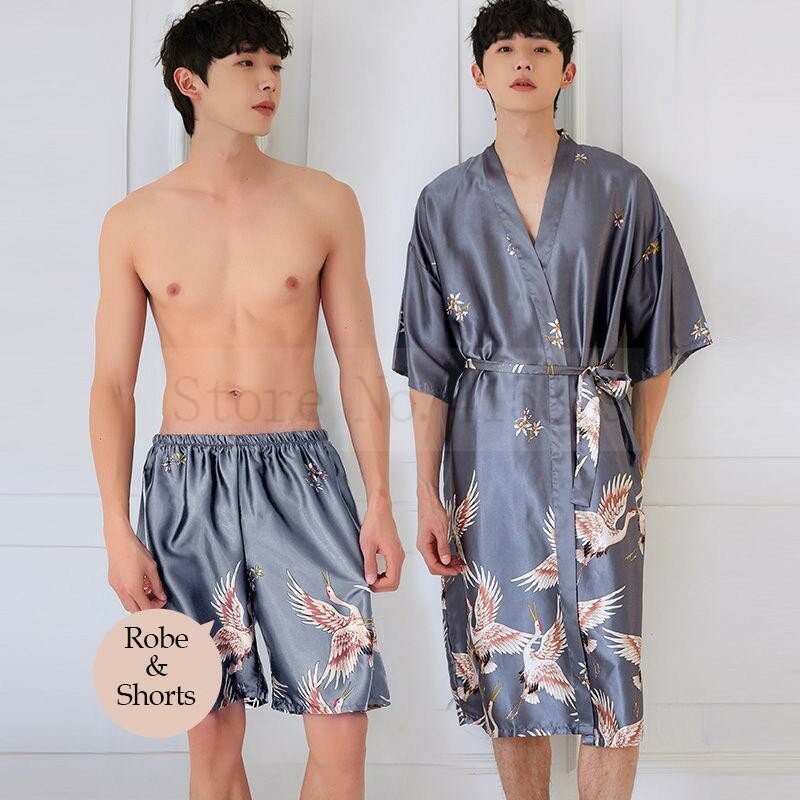 Jubah Kimono Satin Pria Set Pakaian Tidur Setengah Lengan Motif Derek Pakaian Tidur Rumah Gaun Rias Loungewear Gaun Malam Jubah Mandi