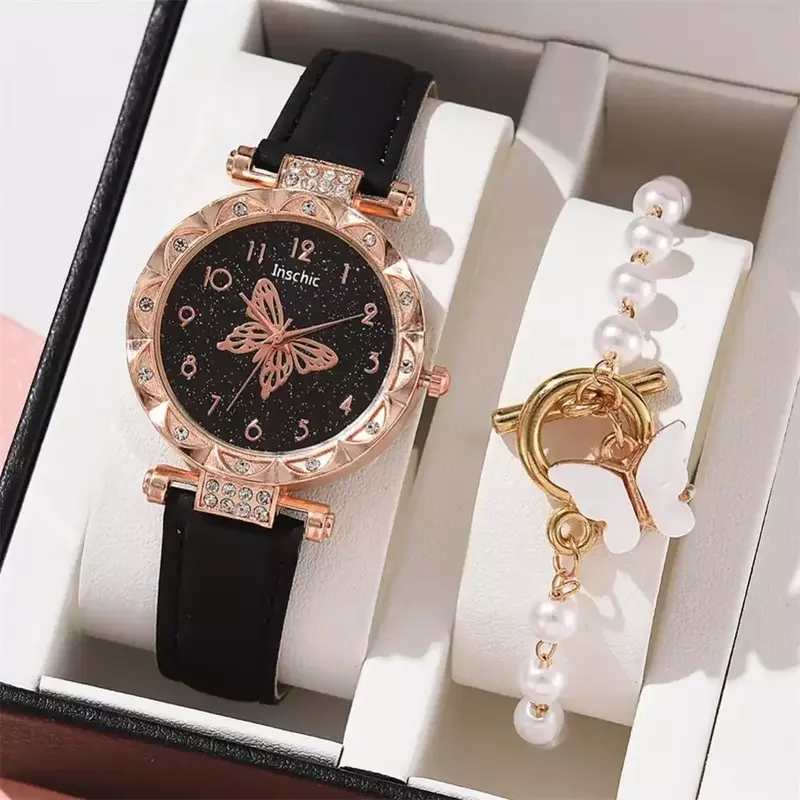 Jam tangan wanita, 1/2 buah jam tangan wanita Set jam tangan kuarsa kristal berlian imitasi mutiara kuarsa kupu-kupu Gelang Set tanpa kotak