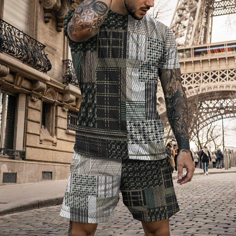 2023 Summer Two Piece Men Sets Fashion Casual Short Sleeve T-shirts Short Outfits Streetwear Vintage Geometric Patterns Printed