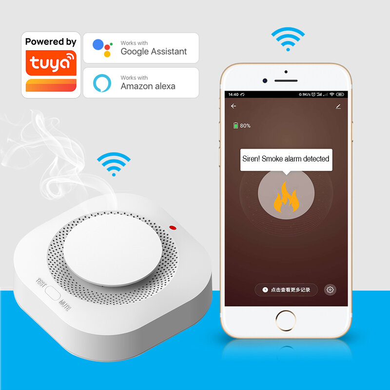 Tuya wifi detector de fumaça sensor 90db alarme de incêndio inteligente detector de fumaça wi fi proteção contra incêndio segurança em casa alarme vida inteligente app